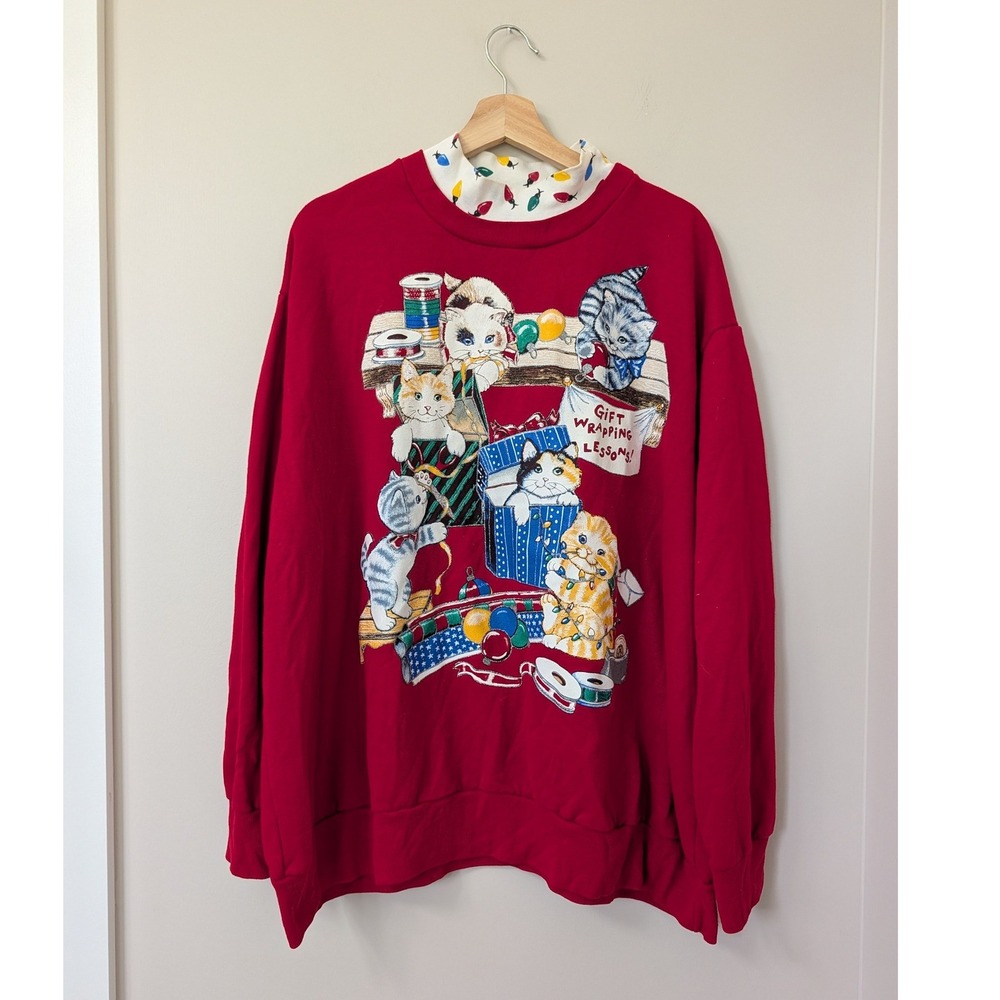 Vintage NutCracker Ugly Christmas Cat Sweatshirt Red Plus 3X Mock Neck 90s